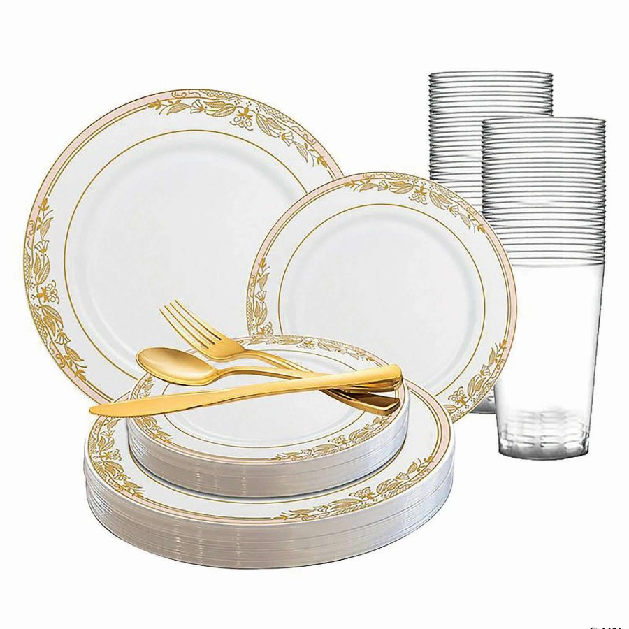 Bowls * | Coupon White With Pink And Gold Harmony Rim Plastic Dinnerware Value Set (20 Settings)