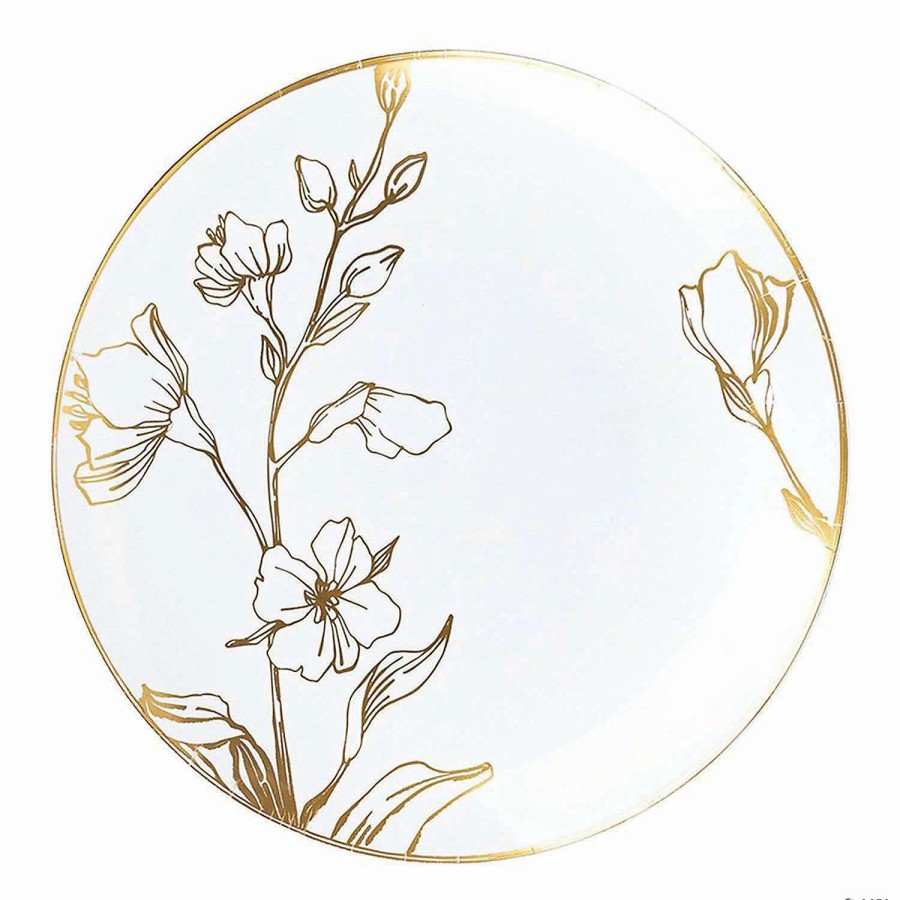 Party Plates * | Hot Sale 7.5 White With Gold Antique Floral Round Disposable Plastic Appetizer/Salad Plates (70 Plates)