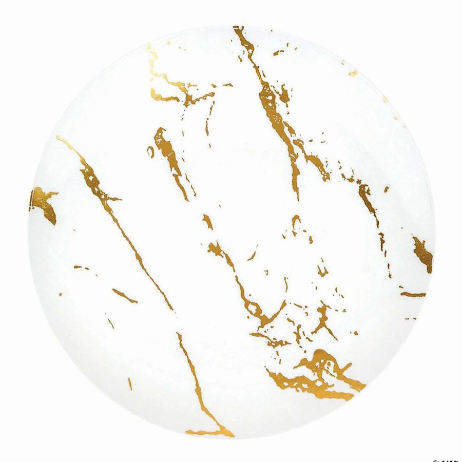 Party Plates * | Best Reviews Of 10.25 White With Gold Marble Stroke Round Disposable Plastic Dinner Plates (40 Plates)