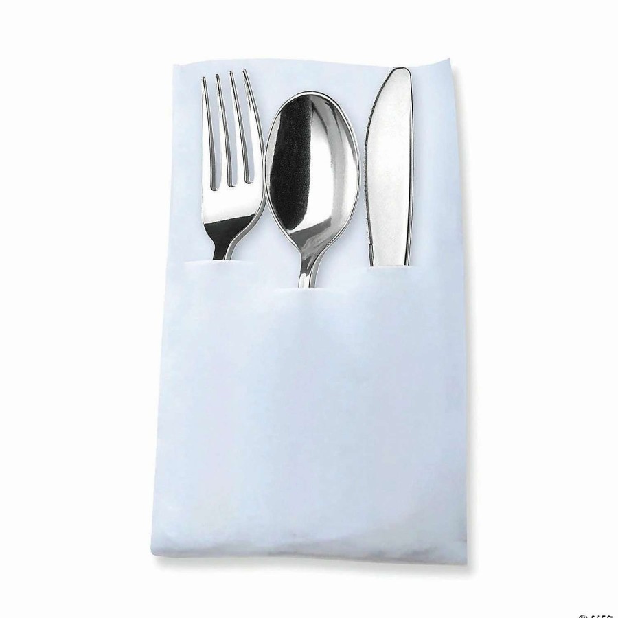 Cutlery * | Outlet Silver Plastic Cutlery In White Pocket Napkin Set Napkins, Forks, Knives, And Spoons (35 Guests)