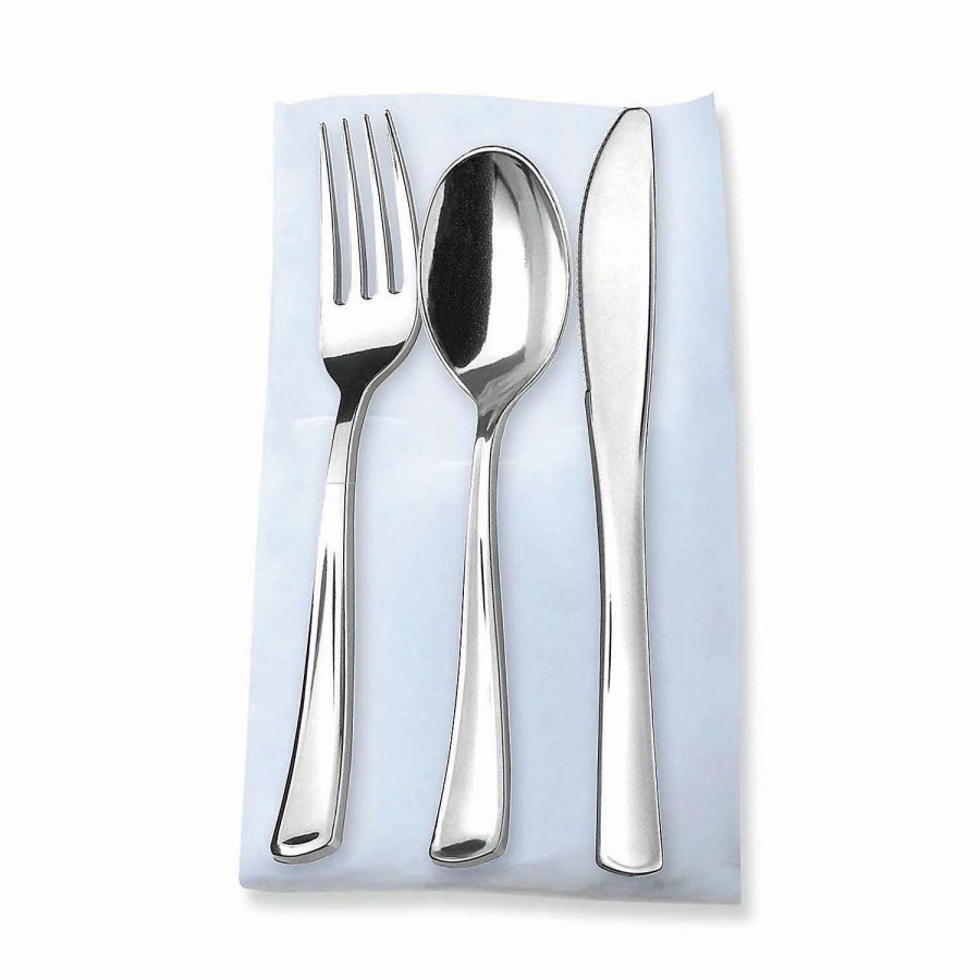 Cutlery * | Outlet Silver Plastic Cutlery In White Pocket Napkin Set Napkins, Forks, Knives, And Spoons (35 Guests)