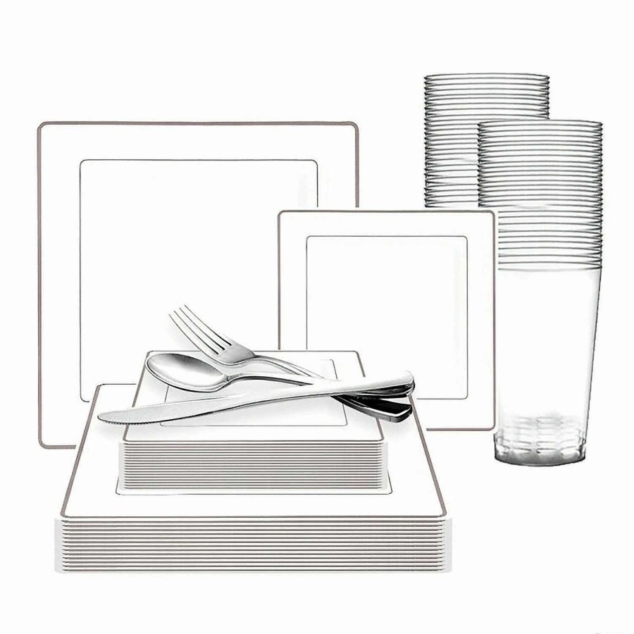 Bowls * | Coupon White With Silver Square Edge Rim Plastic Dinnerware Value Set (20 Settings)