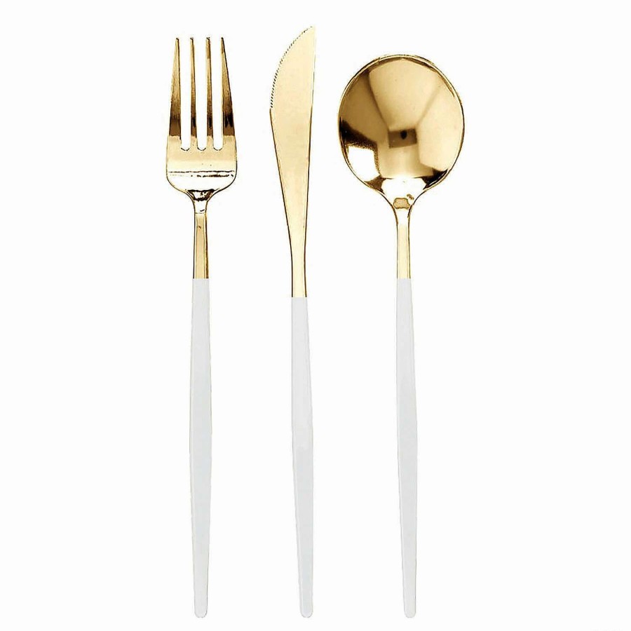 Cutlery * | Best Pirce Gold With White Handle Moderno Disposable Plastic Cutlery Set Spoons, Forks And Knives (40 Guests)