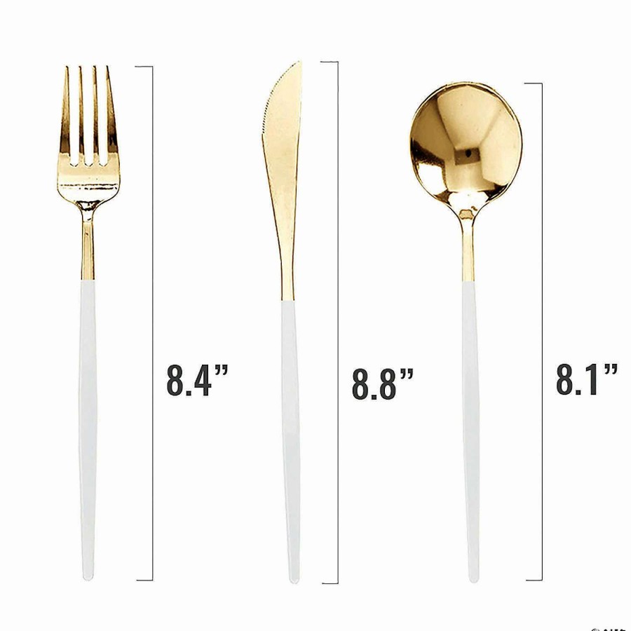 Cutlery * | Best Pirce Gold With White Handle Moderno Disposable Plastic Cutlery Set Spoons, Forks And Knives (40 Guests)