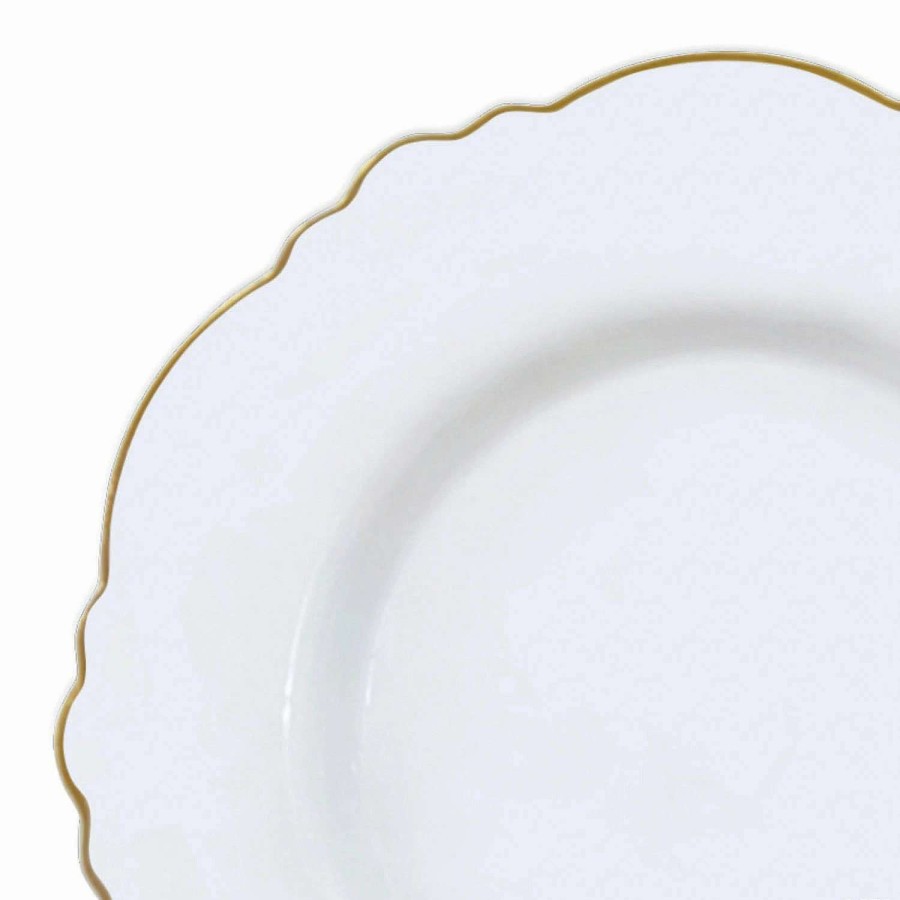 Party Plates * | Buy 10.25 White With Gold Rim Round Blossom Disposable Plastic Dinner Plates (50 Plates)