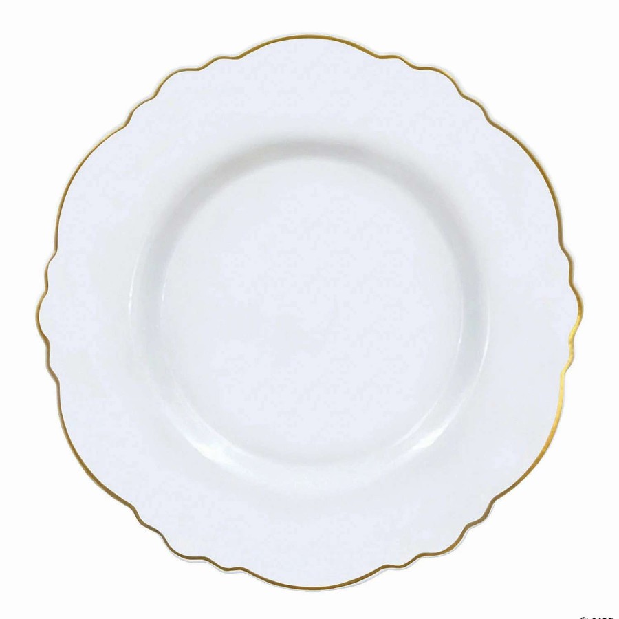 Party Plates * | Buy 10.25 White With Gold Rim Round Blossom Disposable Plastic Dinner Plates (50 Plates)