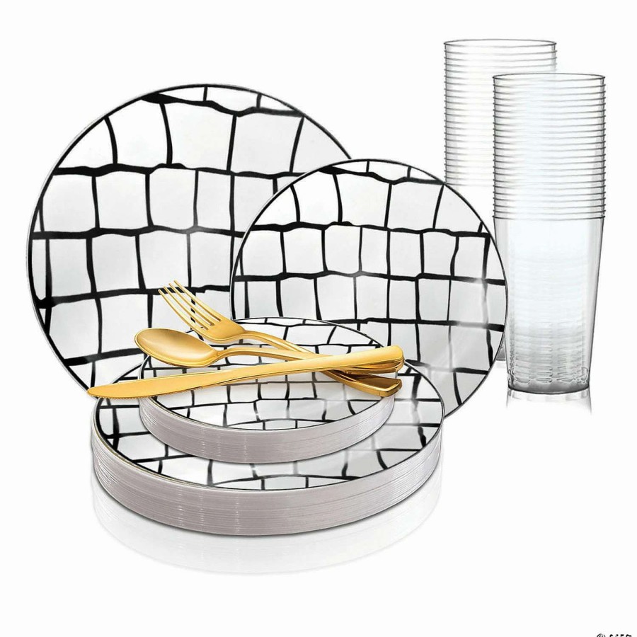 Table Covers * | Top 10 White With Black Scales Pattern Round Disposable Plastic Dinnerware Value Set (60 Settings)