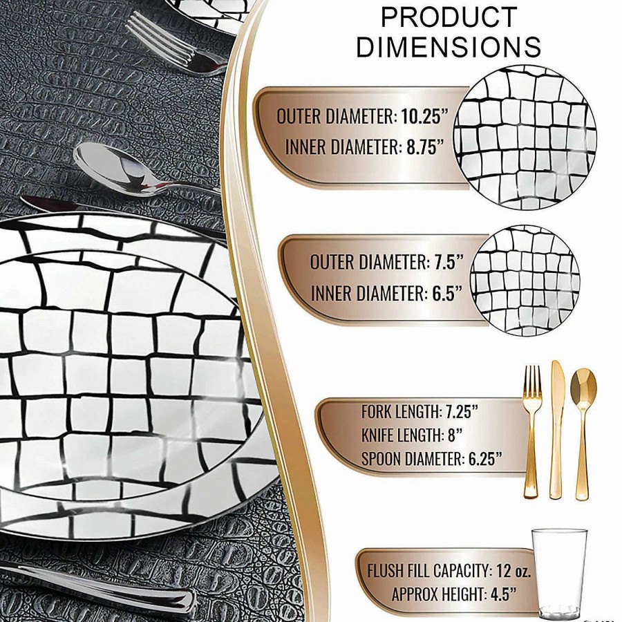 Table Covers * | Top 10 White With Black Scales Pattern Round Disposable Plastic Dinnerware Value Set (60 Settings)