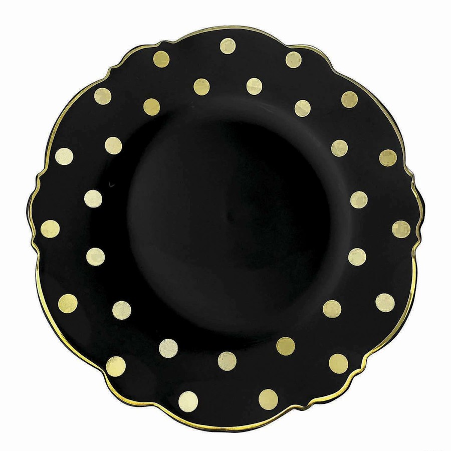 Party Plates * | Hot Sale Premium 7.5 Black With Gold Dots Round Blossom Disposable Plastic Salad Plates (120 Plates)