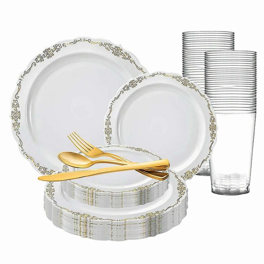 Bowls * | Best Deal White With Gold Vintage Rim Round Disposable Plastic Dinnerware Value Set (20 Settings)