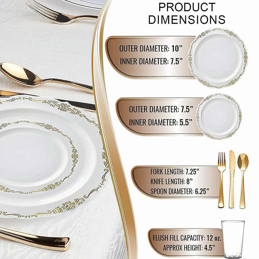 Bowls * | Best Deal White With Gold Vintage Rim Round Disposable Plastic Dinnerware Value Set (20 Settings)