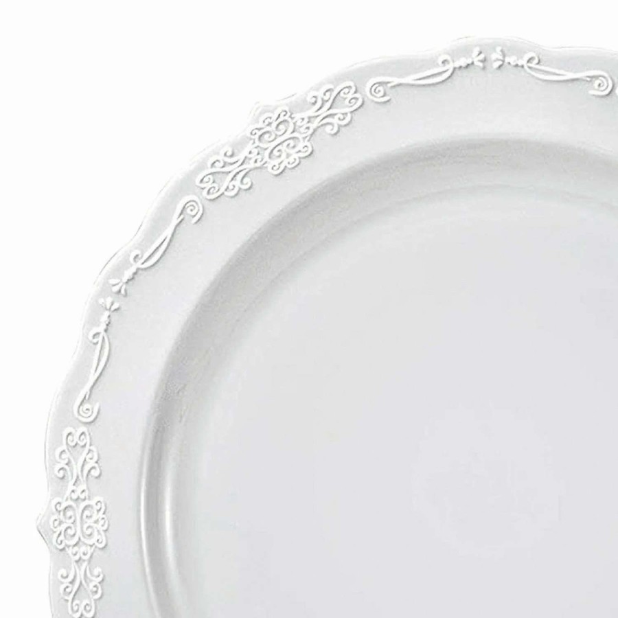 Party Plates * | Promo 10 White Vintage Round Disposable Plastic Dinner Plates (50 Plates)