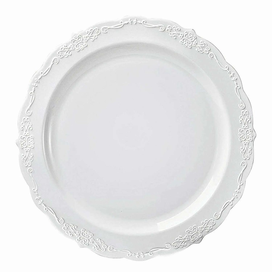 Party Plates * | Promo 10 White Vintage Round Disposable Plastic Dinner Plates (50 Plates)