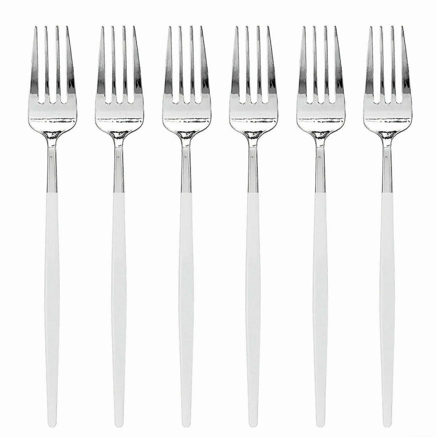 Cutlery * | Flash Sale Silver With White Handle Moderno Disposable Plastic Dinner Forks (140 Forks)