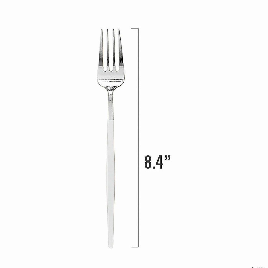 Cutlery * | Flash Sale Silver With White Handle Moderno Disposable Plastic Dinner Forks (140 Forks)