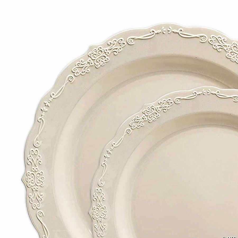 Party Plates * | Discount Ivory Vintage Round Disposable Plastic Dinnerware Value Set (120 Dinner Plates + 120 Salad Plates)