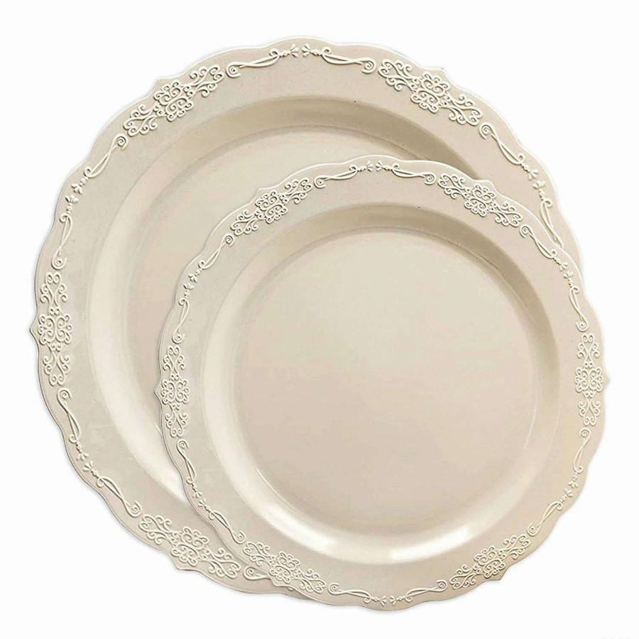 Party Plates * | Discount Ivory Vintage Round Disposable Plastic Dinnerware Value Set (120 Dinner Plates + 120 Salad Plates)