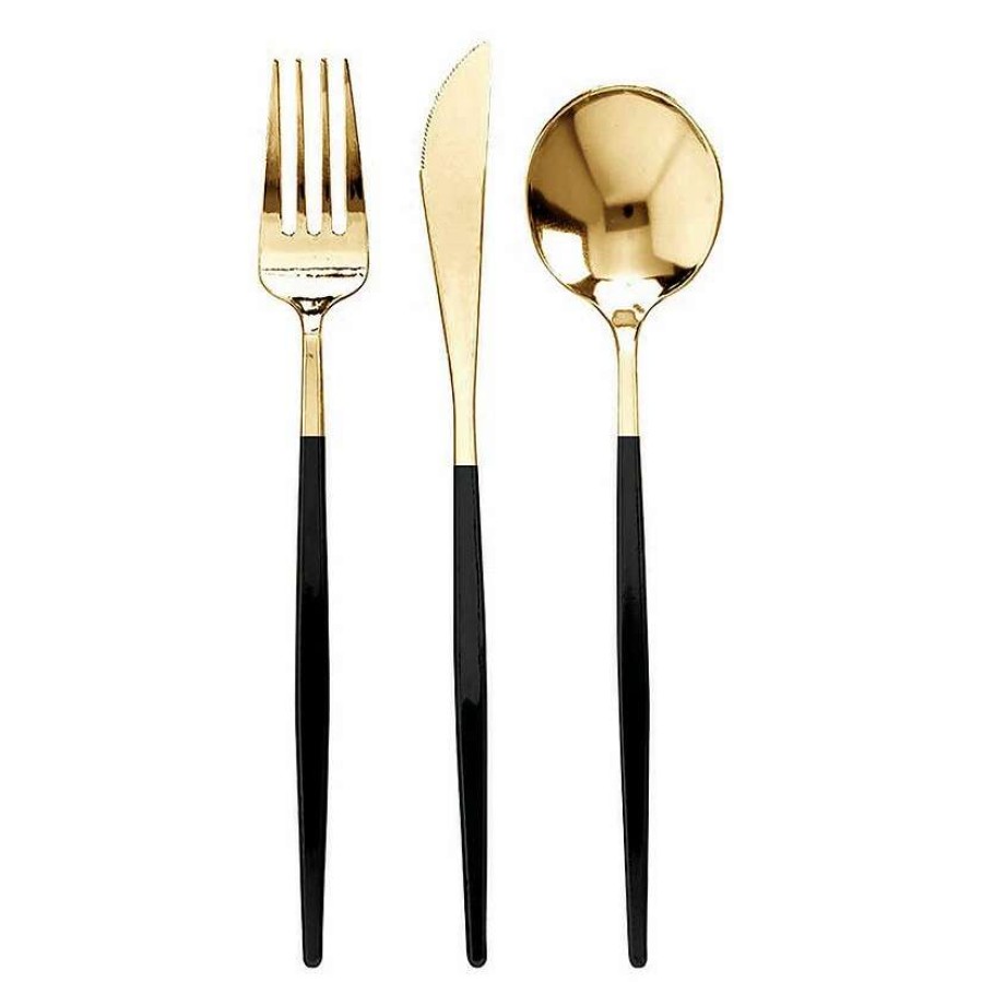 Cutlery * | Brand New Gold With Black Handle Moderno Disposable Plastic Cutlery Set Spoons, Forks And Knives (40 Guests)