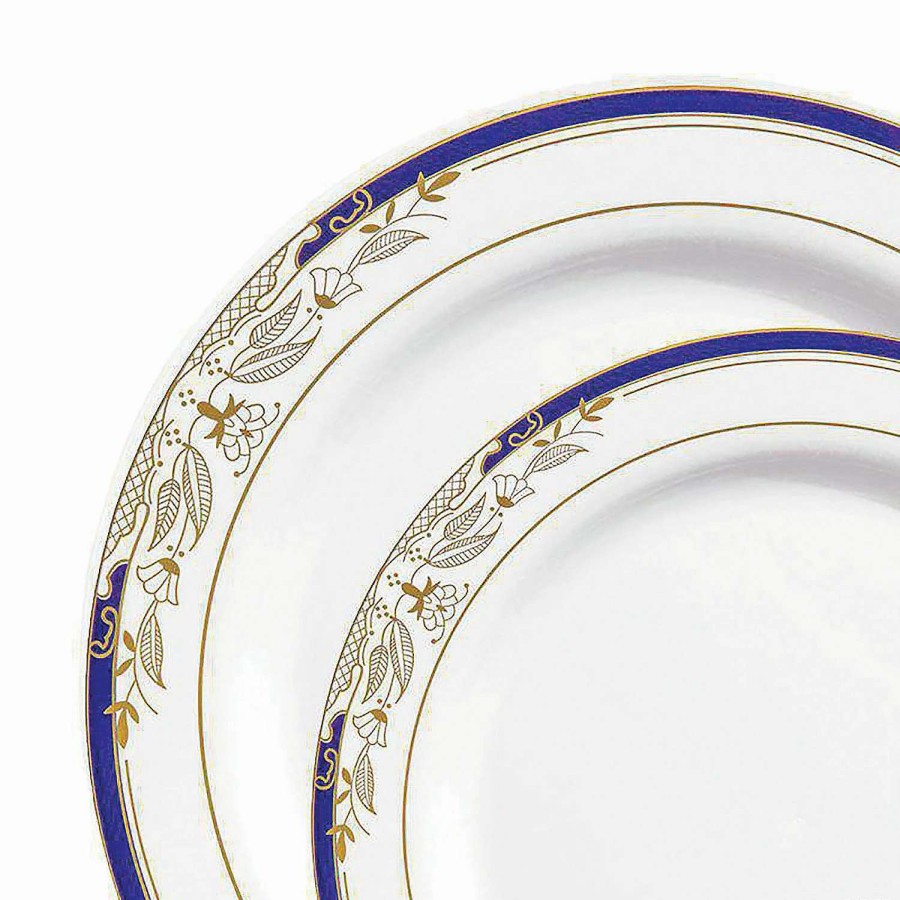 Party Plates * | Coupon White With Blue And Gold Harmony Rim Plastic Dinnerware Value Set (120 Dinner Plates + 120 Salad Plates)