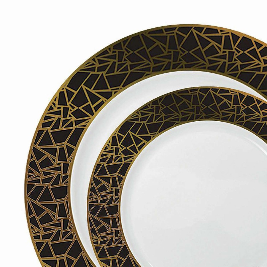 Party Plates * | Cheapest White With Black And Gold Mosaic Rim Round Plastic Dinnerware Value Set (40 Dinner Plates + 40 Salad Plates)