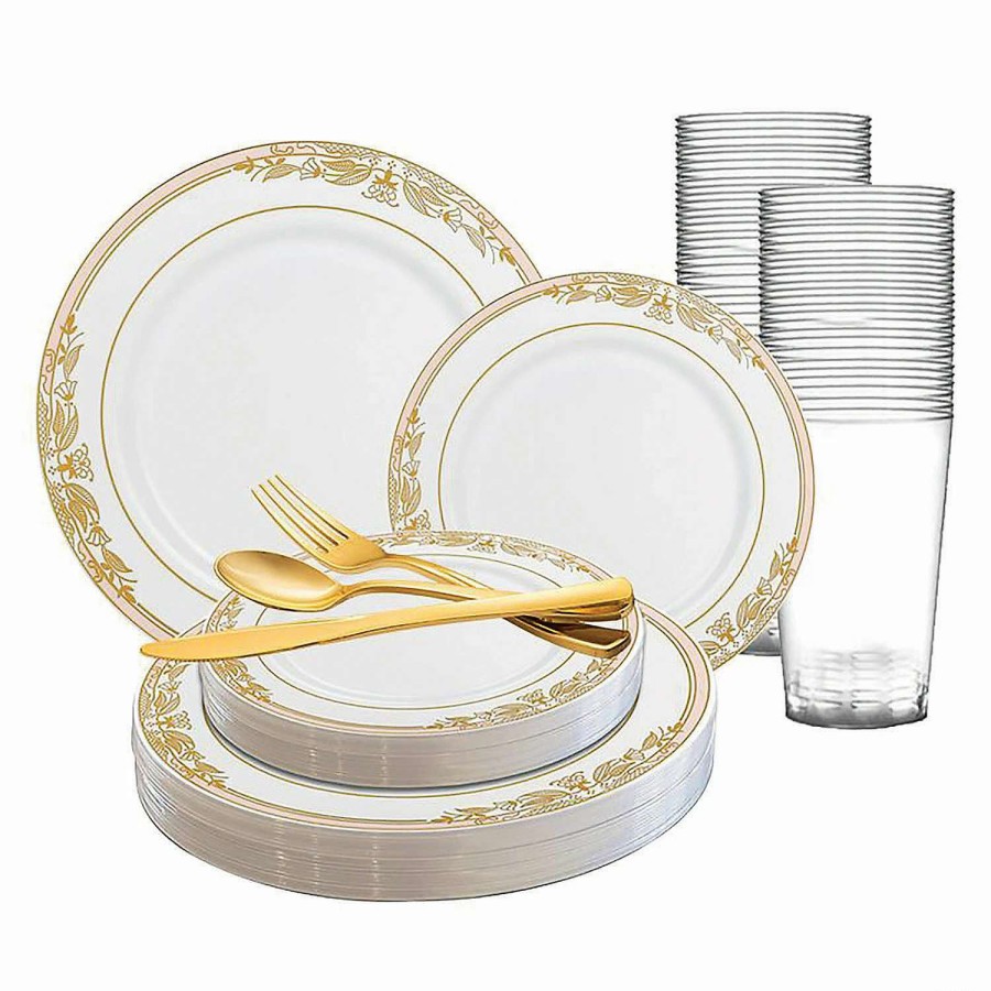 Bowls * | Buy White With Pink And Gold Harmony Rim Plastic Dinnerware Value Set (120 Settings)