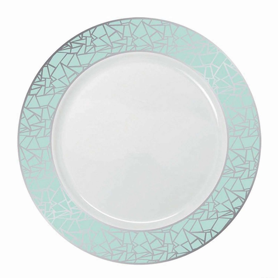 Party Plates * | Discount Kaya Collection 10.25 White With Turquoise Blue And Silver Mosaic Rim Round Plastic Dinner Plates (120 Plates)