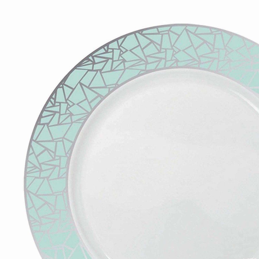 Party Plates * | Discount Kaya Collection 10.25 White With Turquoise Blue And Silver Mosaic Rim Round Plastic Dinner Plates (120 Plates)