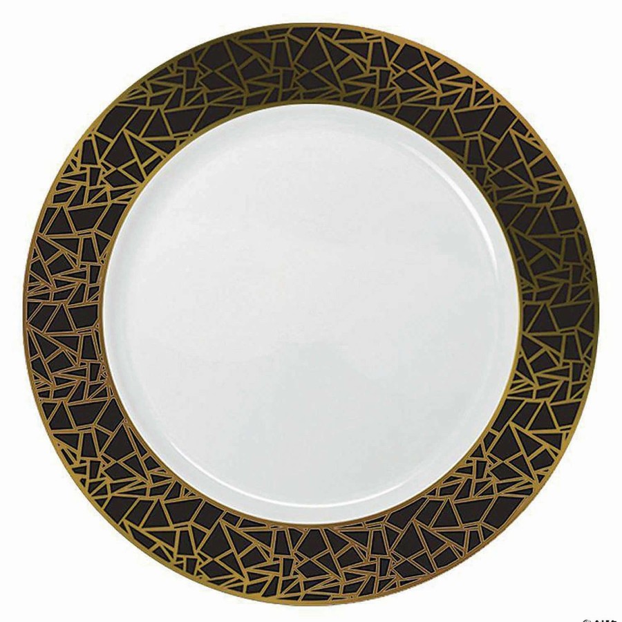 Party Plates * | Wholesale Kaya Collection 10.25 White With Black And Gold Mosaic Rim Round Plastic Dinner Plates (120 Plates)