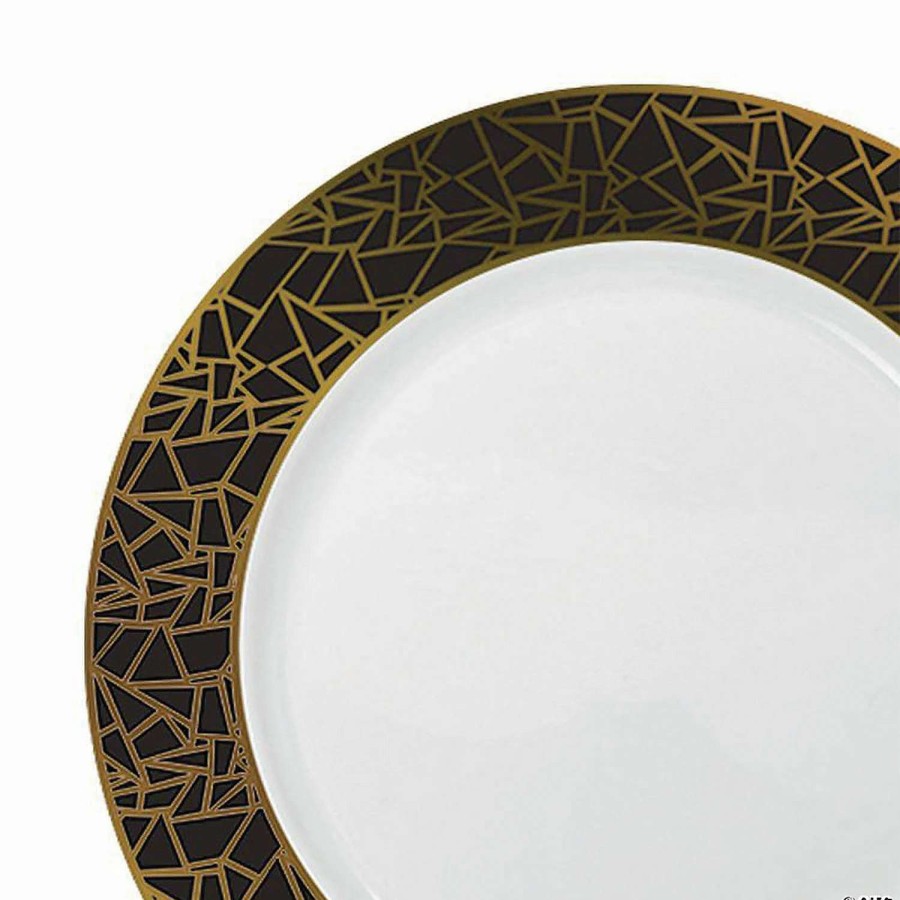 Party Plates * | Wholesale Kaya Collection 10.25 White With Black And Gold Mosaic Rim Round Plastic Dinner Plates (120 Plates)