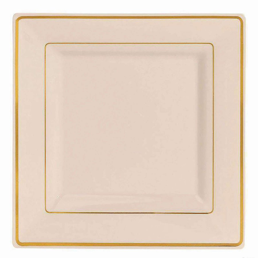 Party Plates * | Brand New 6.5 Ivory With Gold Square Edge Rim Plastic Appetizer/Salad Plates (70 Plates)