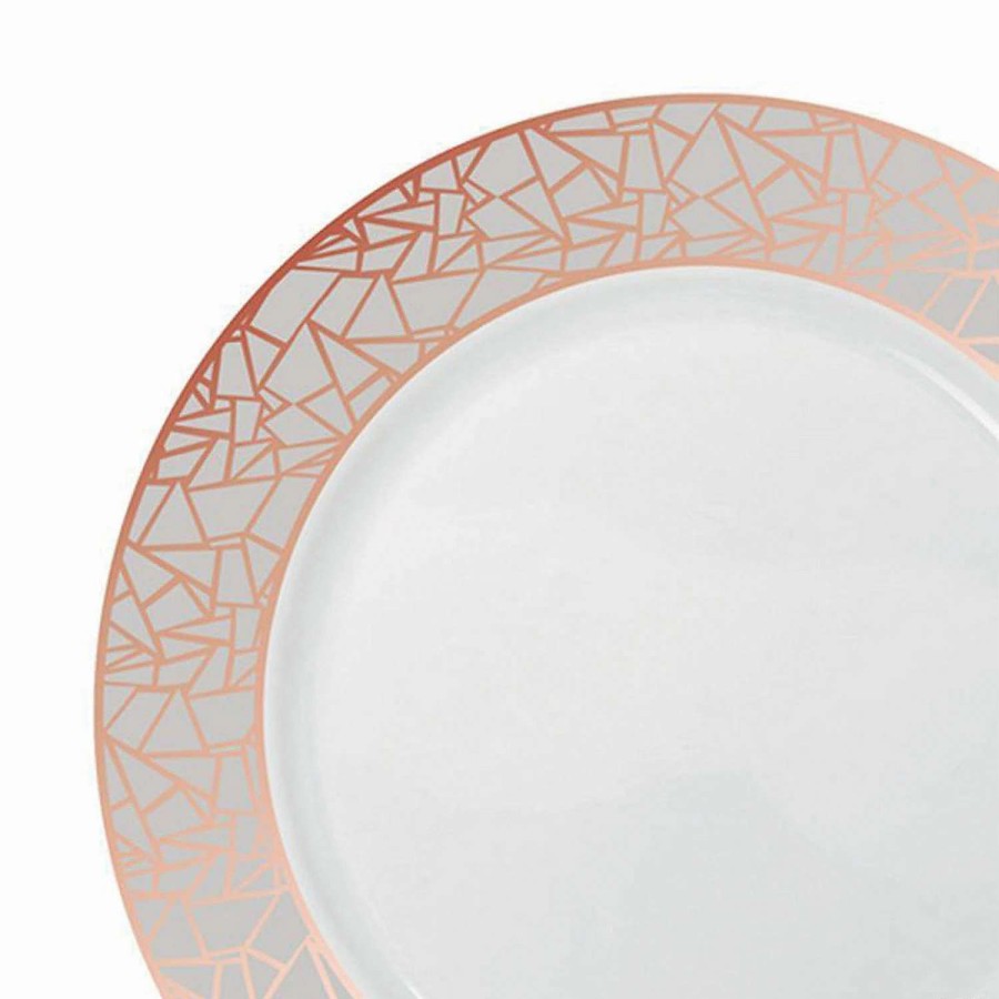 Party Plates * | Top 10 Kaya Collection 10.25 White With Silver And Rose Gold Mosaic Rim Round Plastic Dinner Plates (120 Plates)