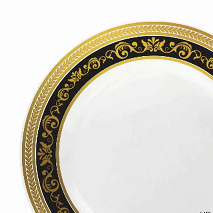 Party Plates * | Cheap 10.25 White With Black And Gold Royal Rim Plastic Dinner Plates (40 Plates)