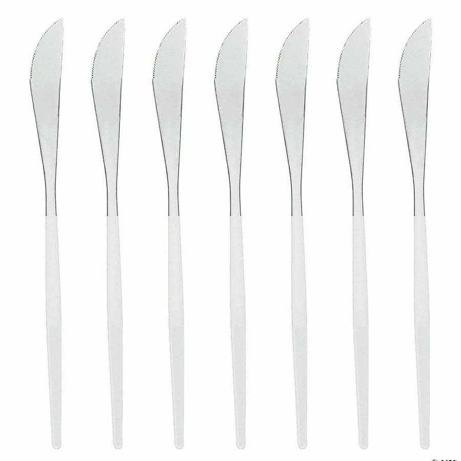 Cutlery * | Best Pirce Silver With White Handle Moderno Disposable Plastic Dinner Knives (140 Knives)