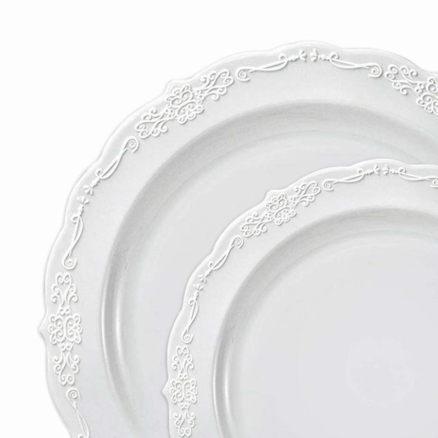 Party Plates * | Budget White Vintage Round Disposable Plastic Dinnerware Value Set (120 Dinner Plates + 120 Salad Plates)