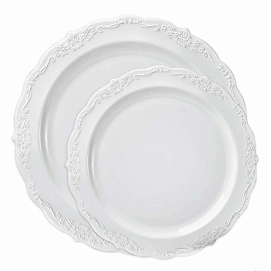 Party Plates * | Budget White Vintage Round Disposable Plastic Dinnerware Value Set (120 Dinner Plates + 120 Salad Plates)