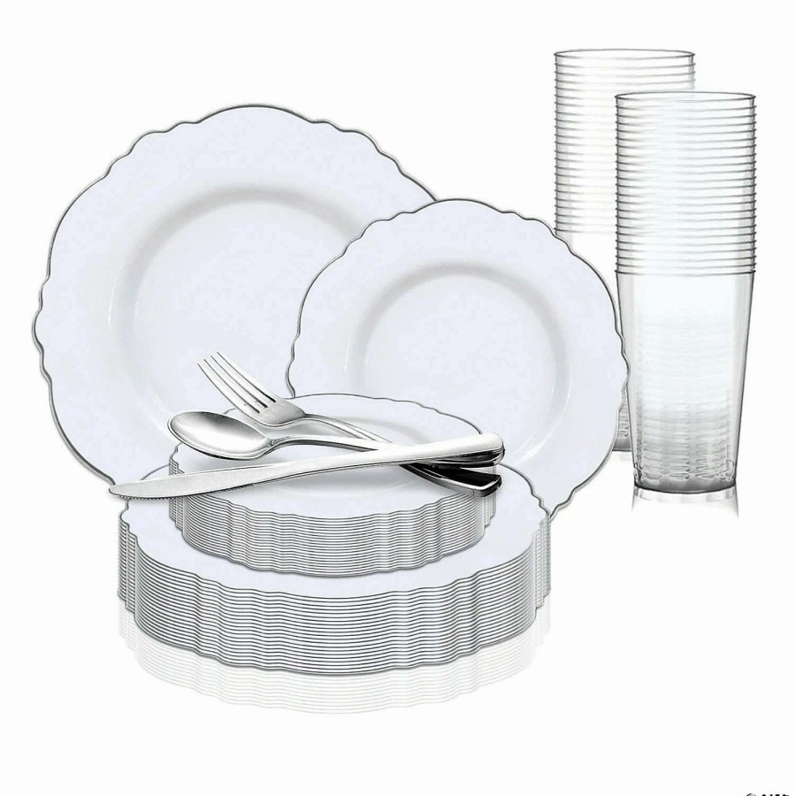 Table Covers * | Buy White With Silver Rim Round Blossom Disposable Plastic Dinnerware Value Set (60 Settings)