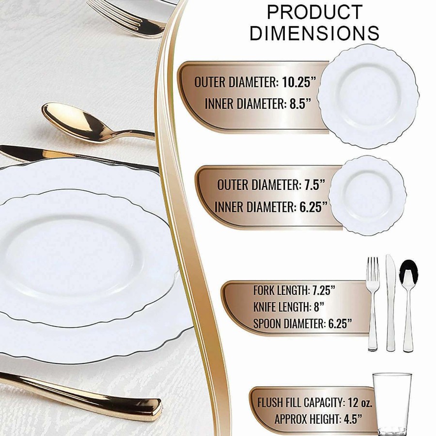 Table Covers * | Buy White With Silver Rim Round Blossom Disposable Plastic Dinnerware Value Set (60 Settings)