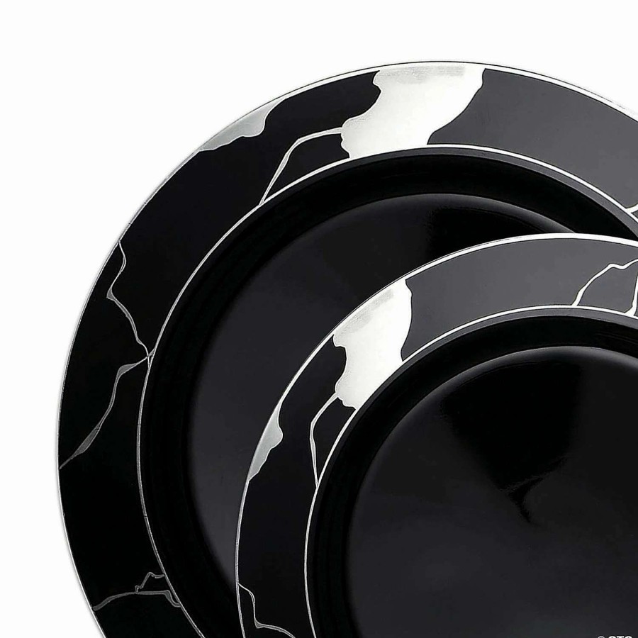 Party Plates * | Budget Black With Silver Marble Disposable Plastic Dinnerware Value Set (40 Dinner Plates + 40 Salad Plates)