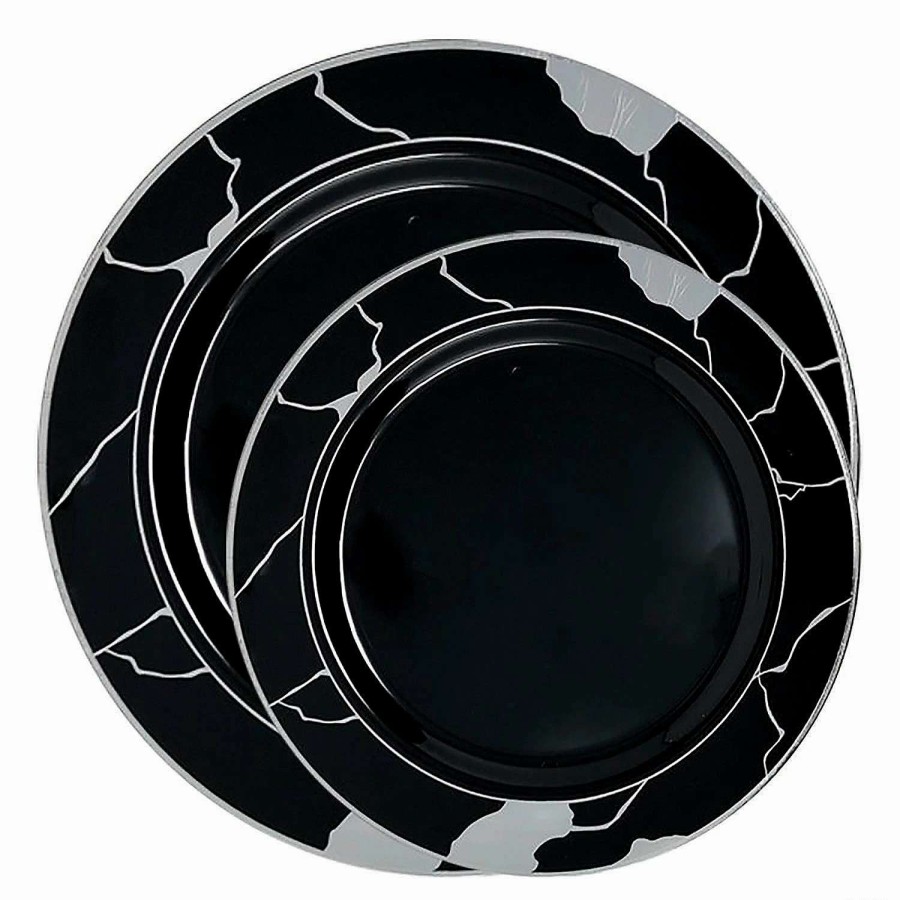 Party Plates * | Budget Black With Silver Marble Disposable Plastic Dinnerware Value Set (40 Dinner Plates + 40 Salad Plates)