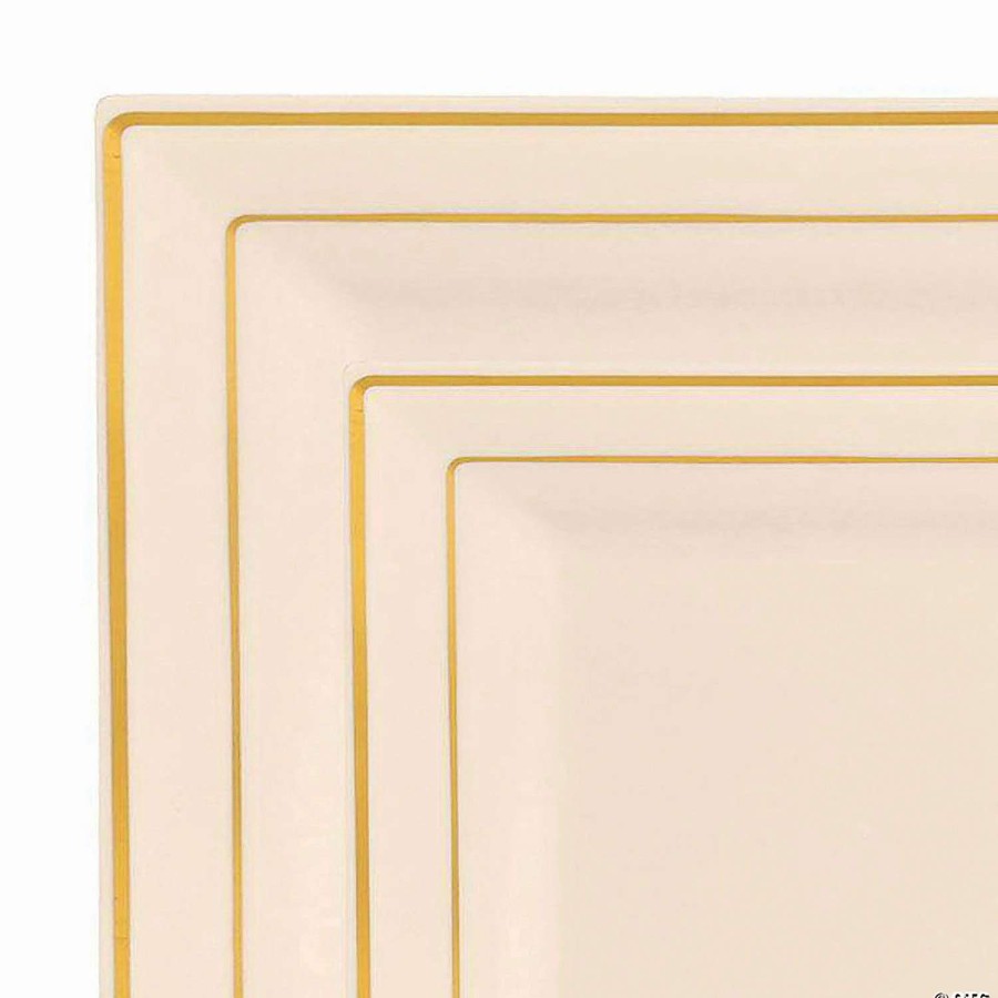 Party Plates * | Outlet Ivory With Gold Square Edge Rim Plastic Dinnerware Value Set (120 Dinner Plates + 120 Salad Plates)