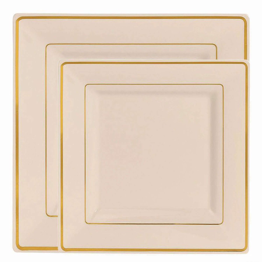 Party Plates * | Outlet Ivory With Gold Square Edge Rim Plastic Dinnerware Value Set (120 Dinner Plates + 120 Salad Plates)