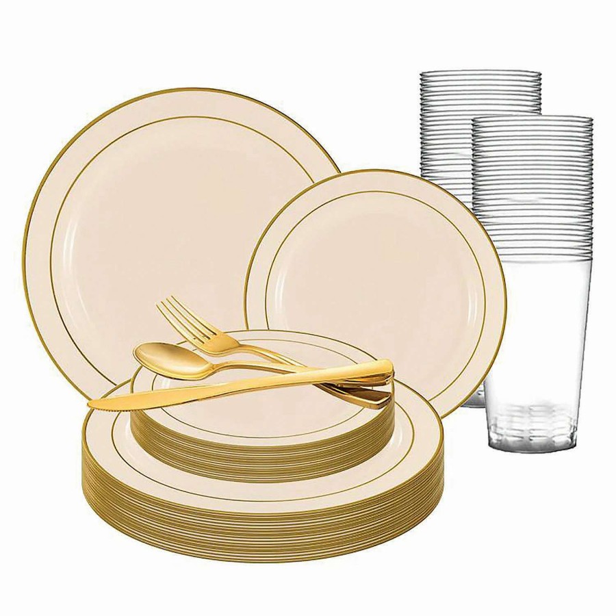 Table Covers * | Discount Ivory With Gold Edge Rim Plastic Dinnerware Value Set (20 Settings)