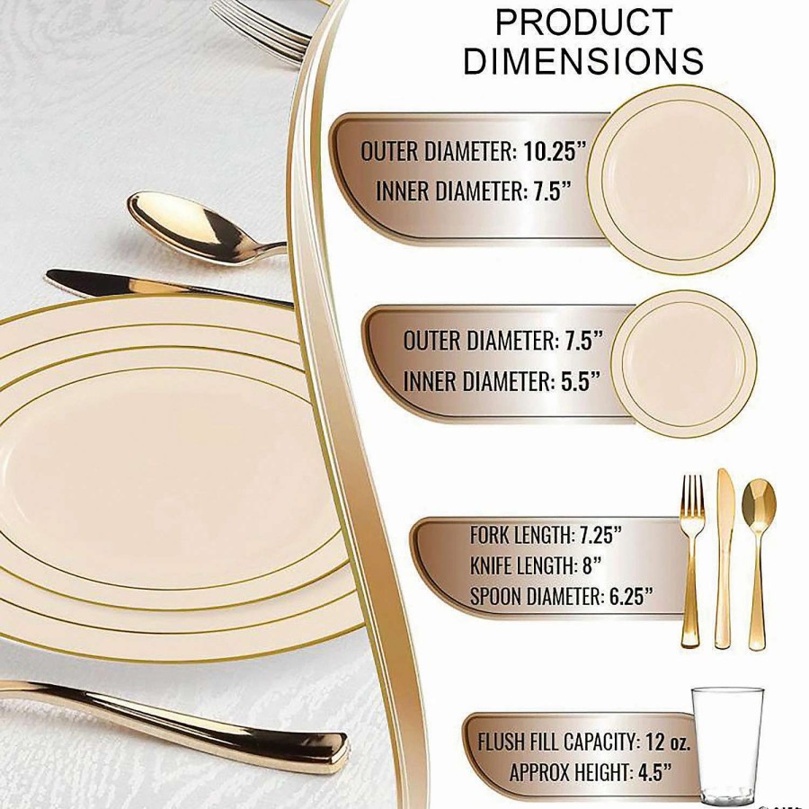 Table Covers * | Discount Ivory With Gold Edge Rim Plastic Dinnerware Value Set (20 Settings)