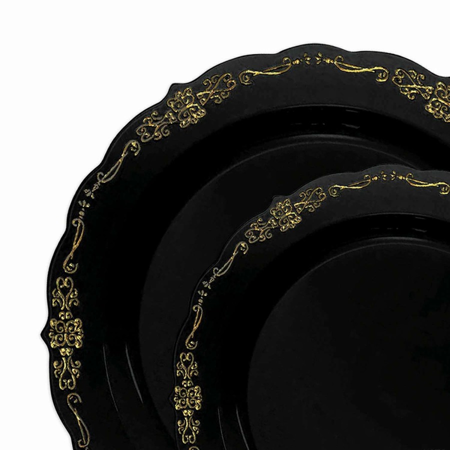 Party Plates * | Flash Sale Black With Gold Vintage Rim Round Disposable Plastic Dinnerware Value Set (120 Dinner Plates + 120 Salad Plates)