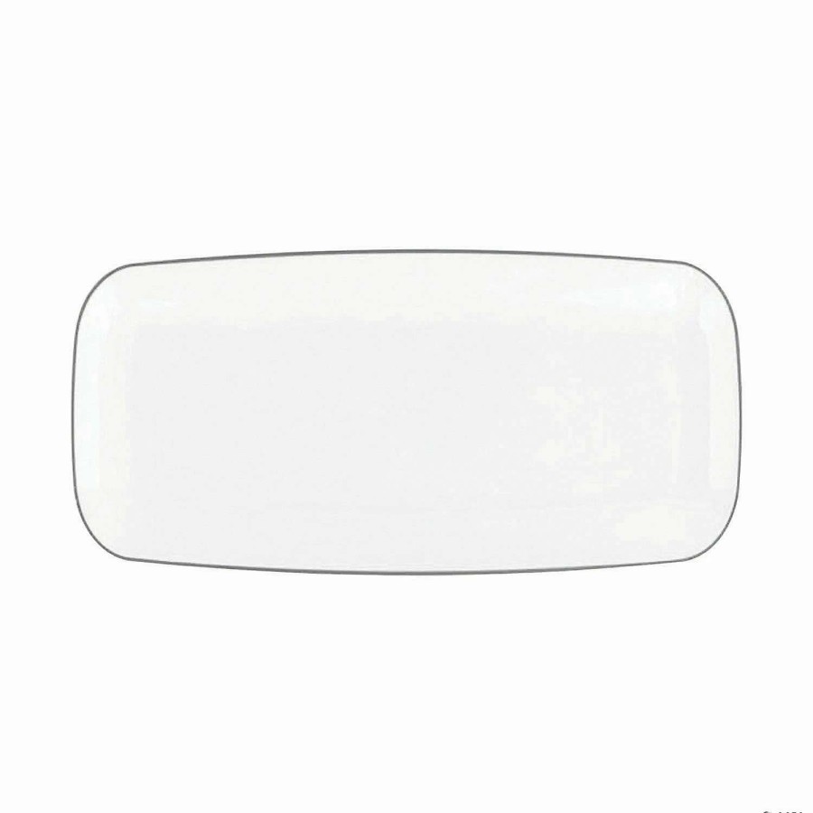 Party Plates * | Wholesale 10.6 X 5 White With Silver Rim Flat Raised Edge Rectangular Disposable Plastic Plates (50 Plates)