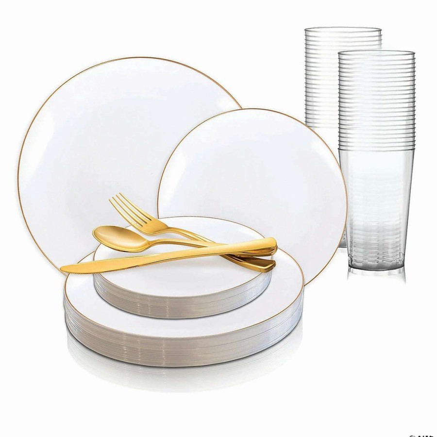 Bowls * | Wholesale White With Gold Rim Organic Round Disposable Plastic Dinnerware Value Set (120 Settings)