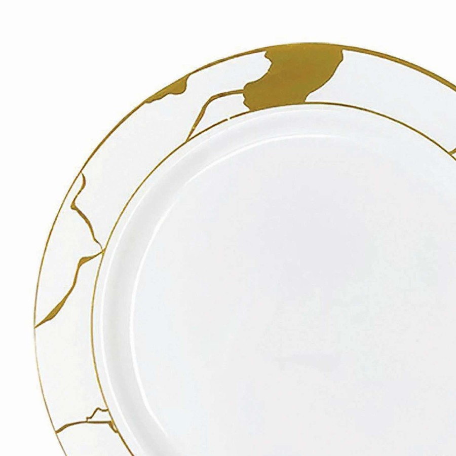 Party Plates * | Coupon 10 White With Gold Marble Disposable Plastic Dinner Plates (50 Plates)