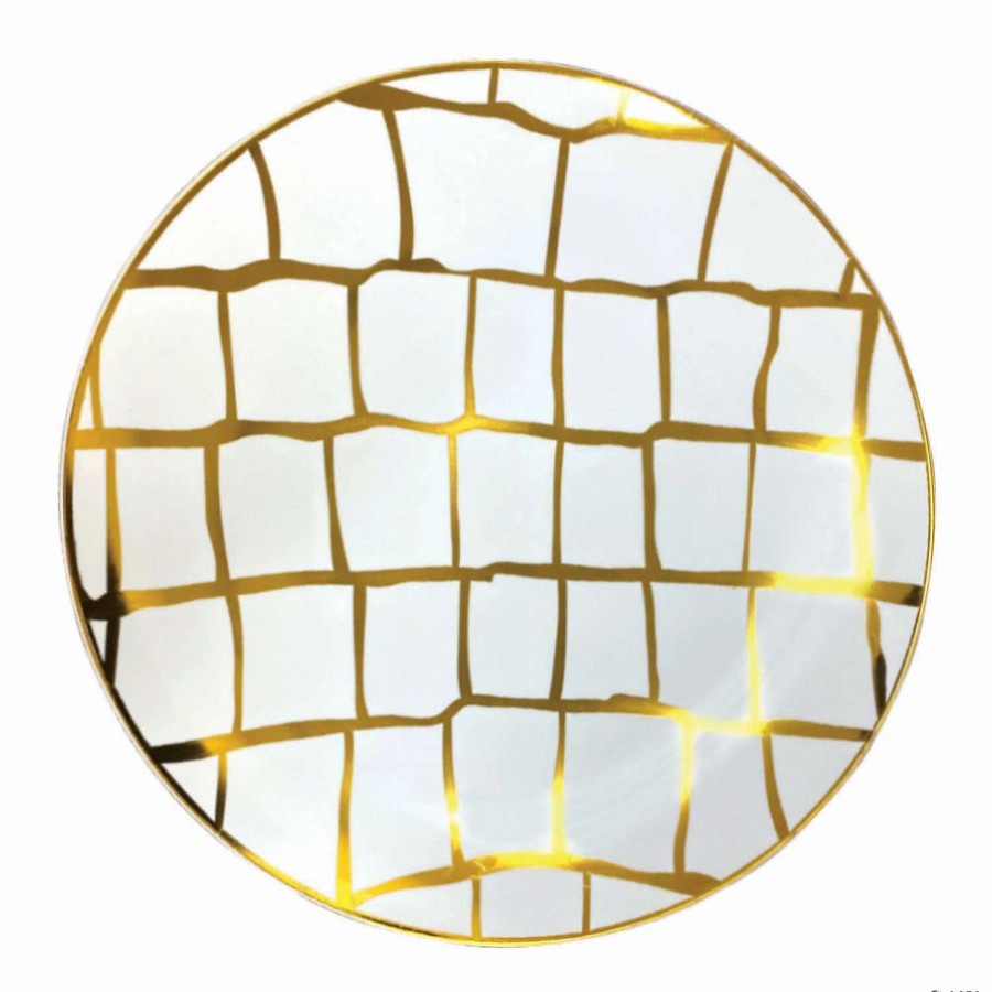 Party Plates * | Flash Sale 7.5 White With Gold Scales Pattern Round Disposable Plastic Appetizer/Salad Plates (70 Plates)