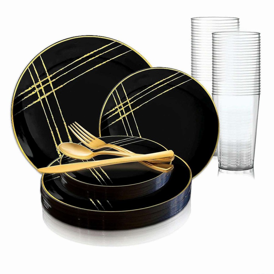 Bowls * | Best Sale Black With Gold Brushstroke Round Disposable Plastic Dinnerware Value Set (120 Settings)