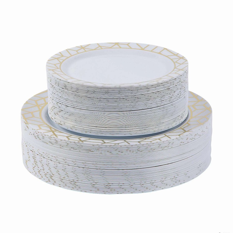 Party Plates * | Top 10 Bulk Premium White Plastic Plates With Gold Geometric Trim 100 Ct.